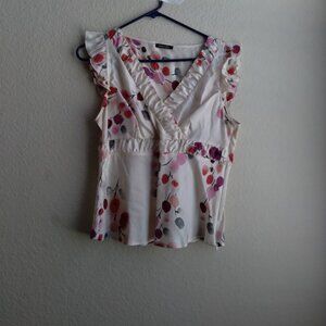 Tintoretto Cream 100% Silk Top with Leaf Print and Flutter Sleeves